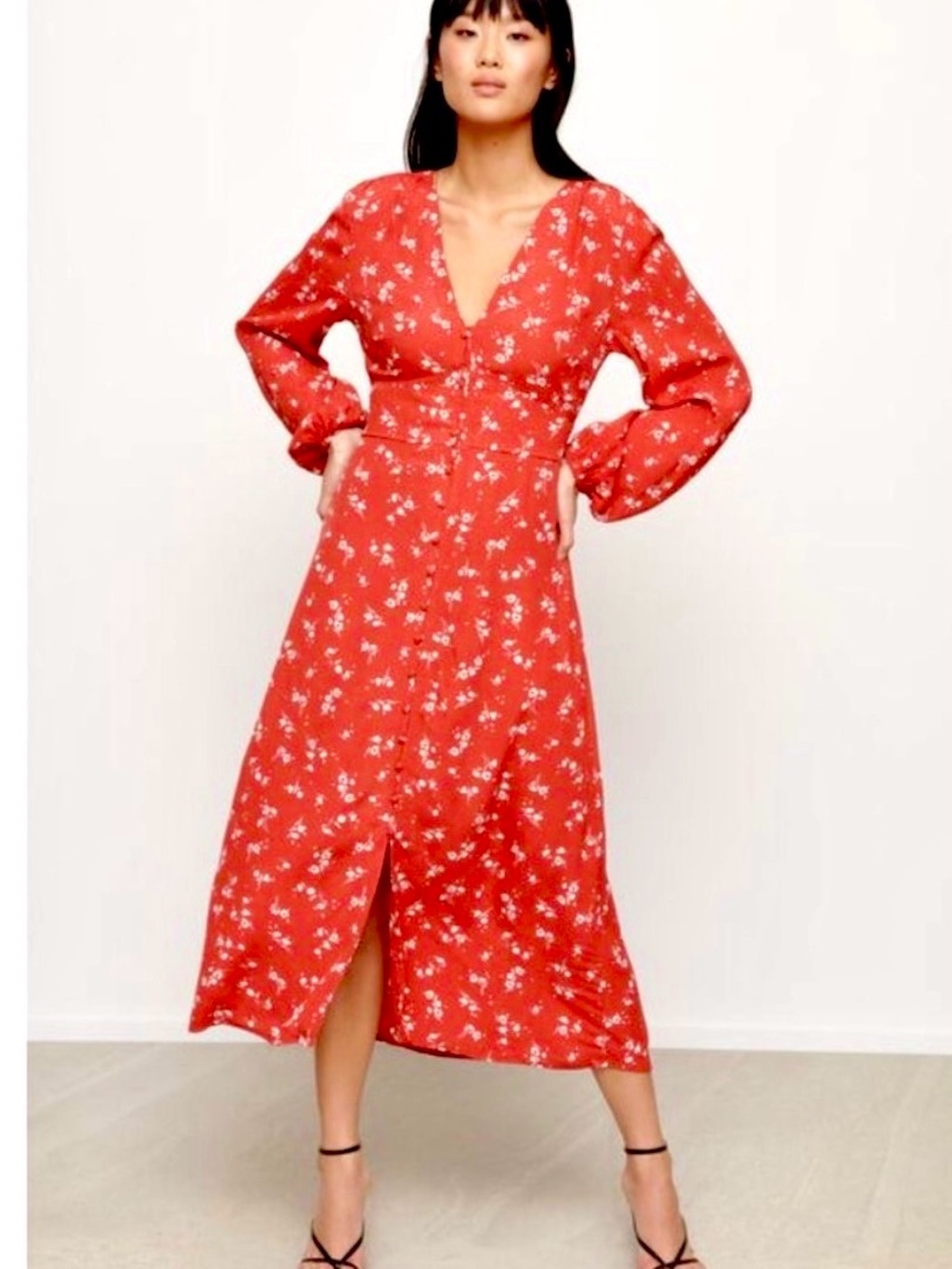 Dynamite Red Floral V-Neck Midi Dress - Women's
